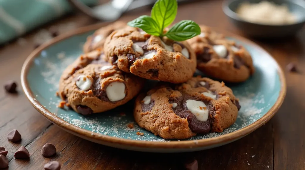 Scooped chocolate chip marshmallow cookie dough arranged on a parchment-lined baking sheet