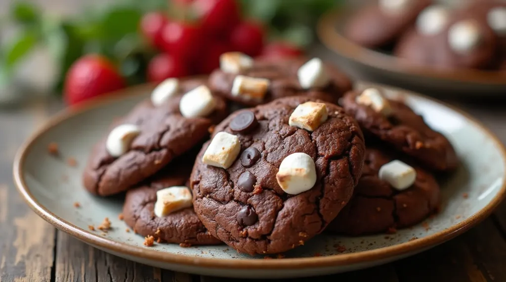 a plate of chocolate cookies with marshmallows