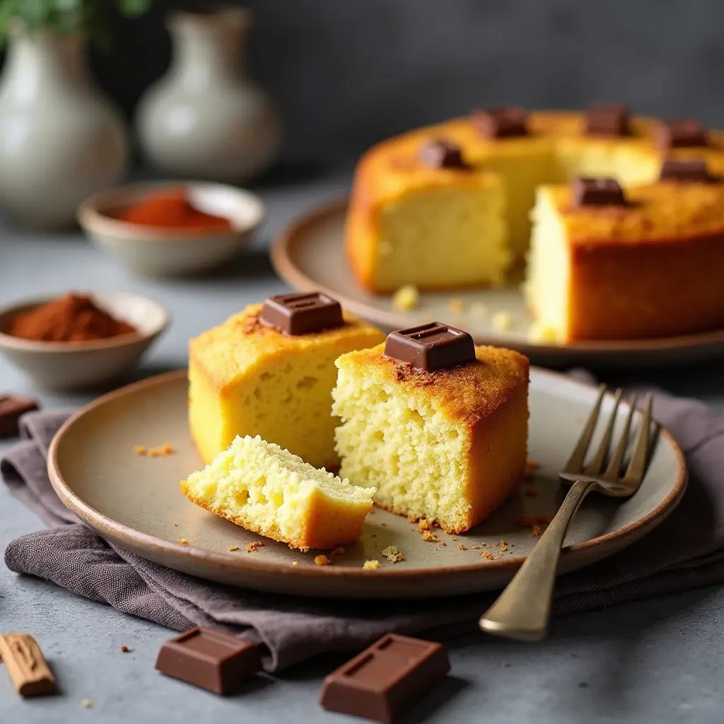 Sliced gluten-free yellow cake with white chocolate layers.