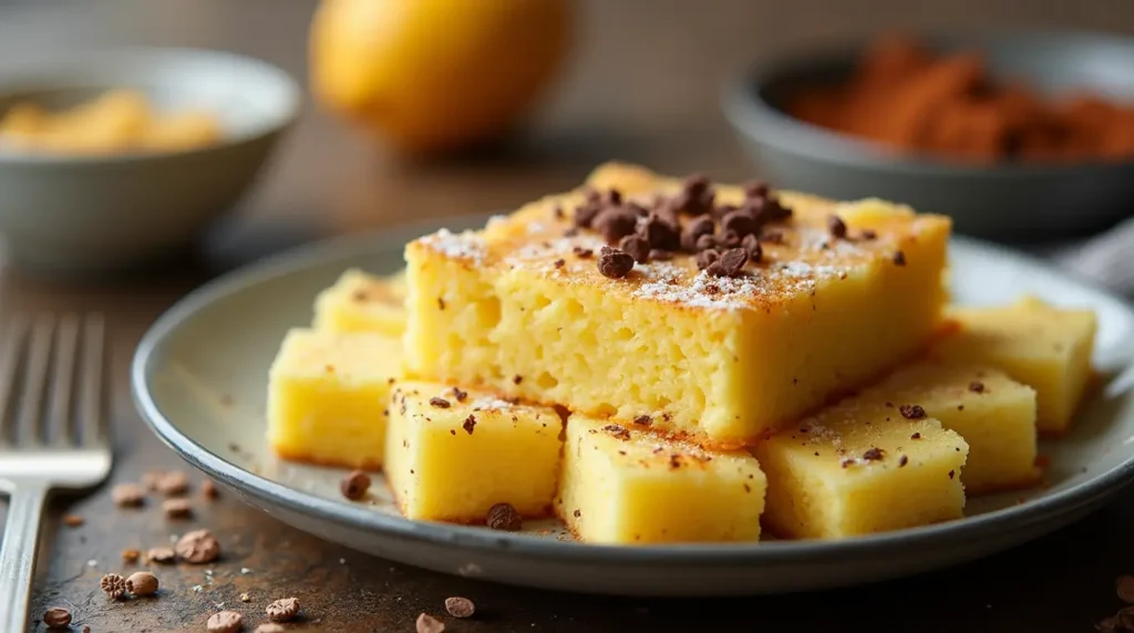 Gluten-free yellow cake decorated with white chocolate drizzle.