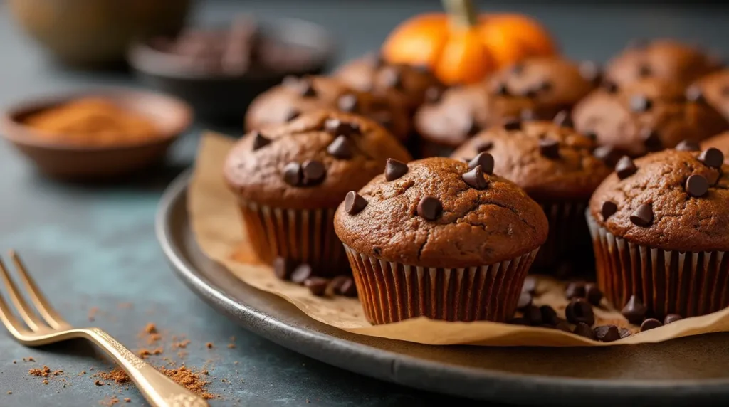 Mixing wet ingredients for  chocolate chip pumpkin muffins showing pudding-like batter consistency