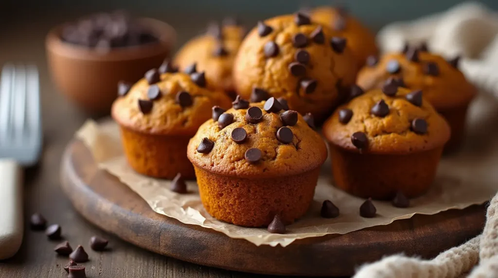 Cross-section of moist  chocolate chip pumpkin  muffin showing soft texture and melted chips