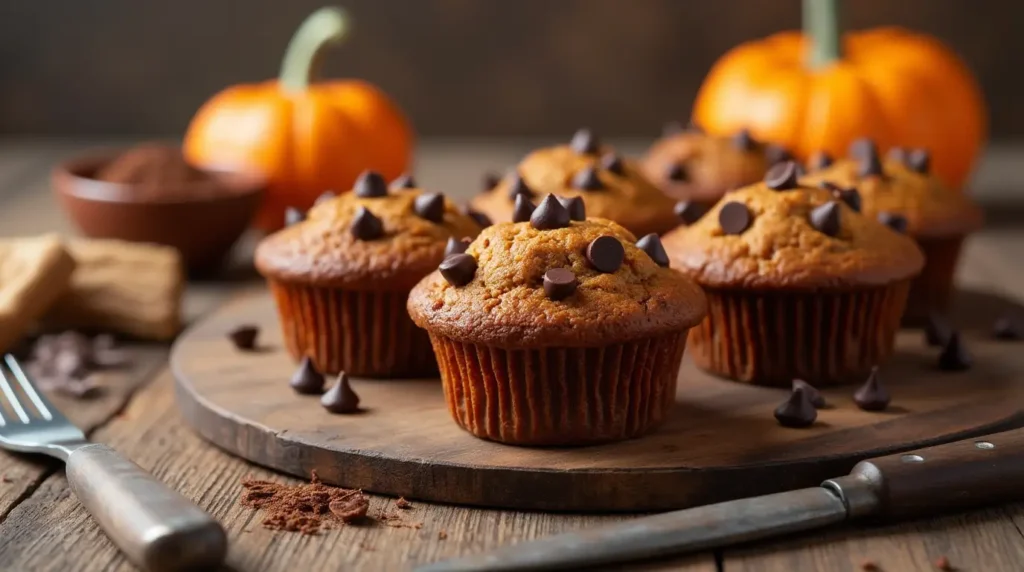 Pumpkin chocolate chip muffins on cooling rack with cup of coffee and autumn decorations