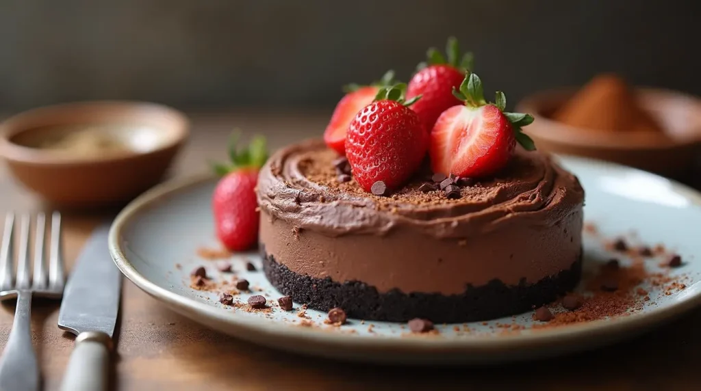 Sliced chocolate peanut butter mousse cake with Oreo crust