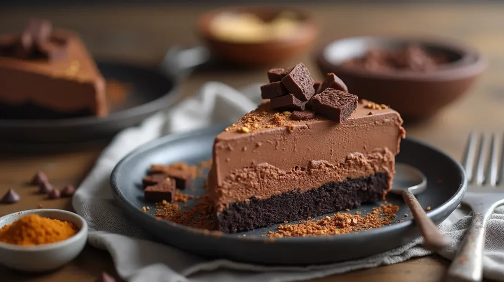 Chocolate peanut butter mousse cake with Oreo crust whole view