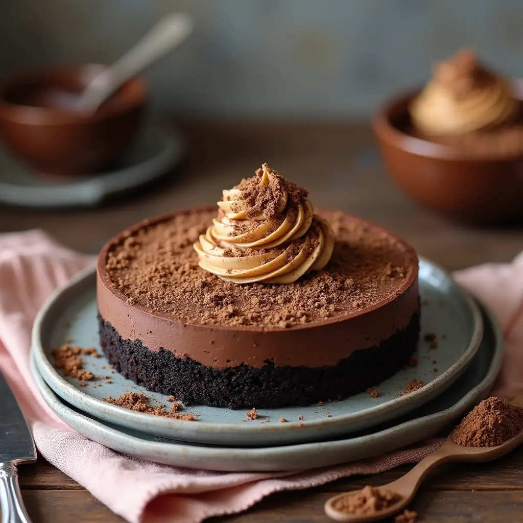 Chocolate peanut butter mousse cake with Oreo crust being served