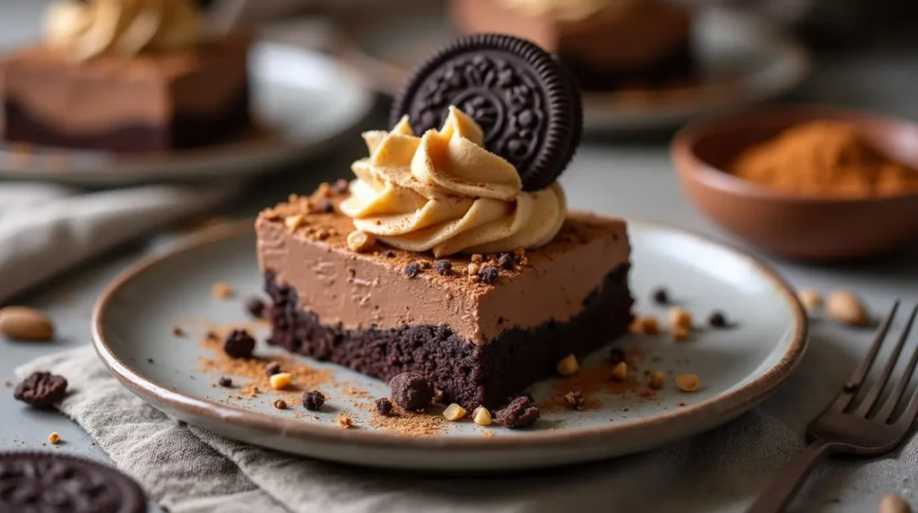 Chocolate peanut butter mousse cake with Oreo crust top view