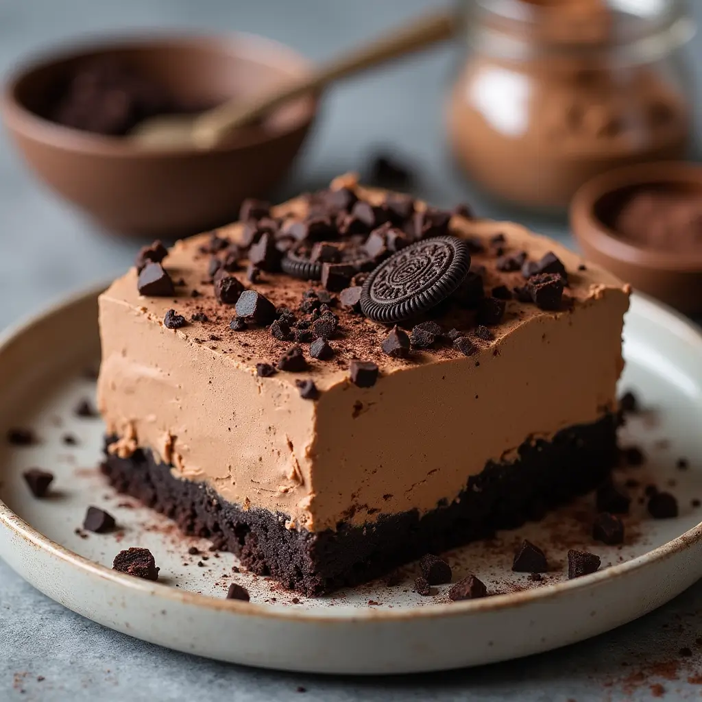 Chocolate peanut butter mousse cake with Oreo crust being served