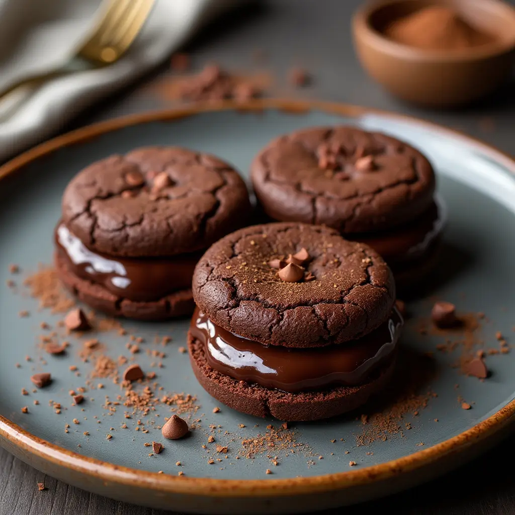 Chocolate sandwich cookies with ganache displayed on a cooling rack.