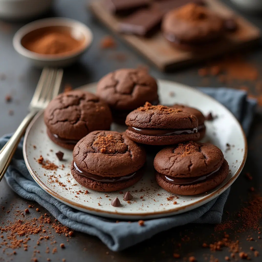 Chocolate sandwich cookies with ganache decorated with powdered sugar.