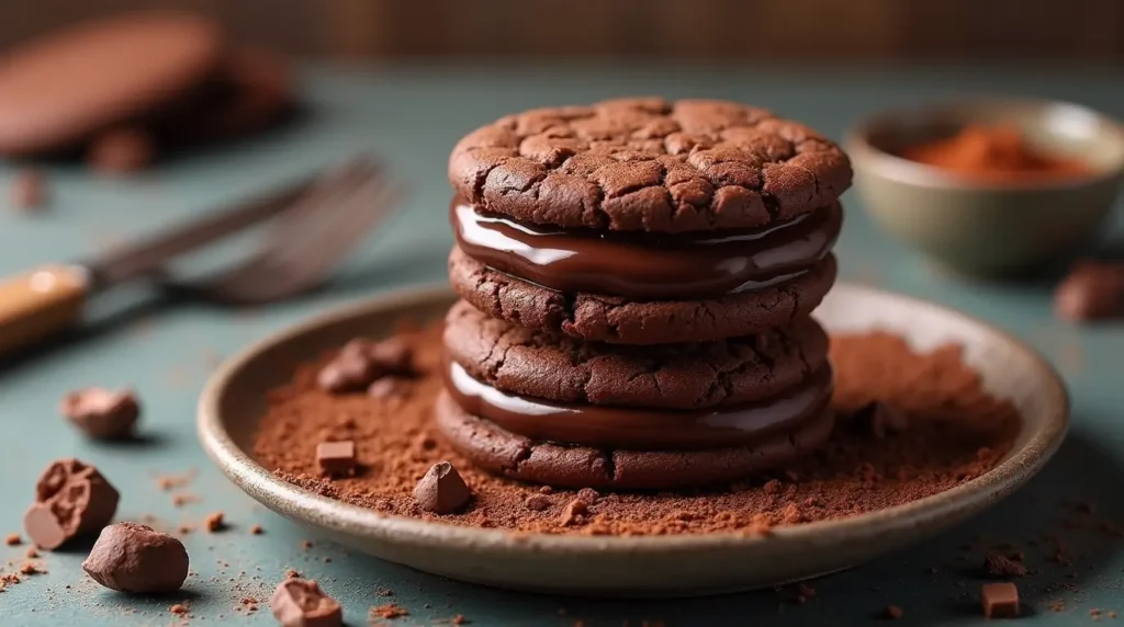 A stack of chocolate sandwich cookies with ganache filling on a white plate.