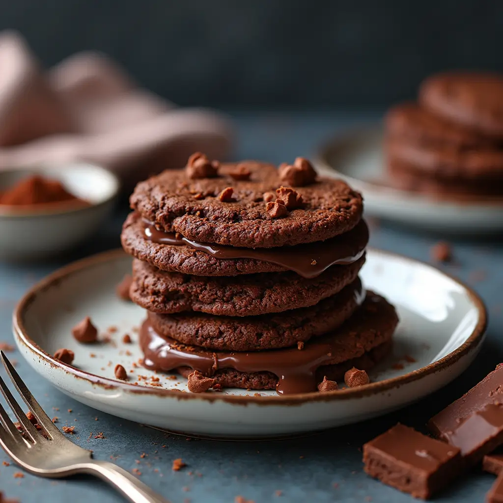 Chocolate sandwich cookies with ganache alongside a cup of coffee.