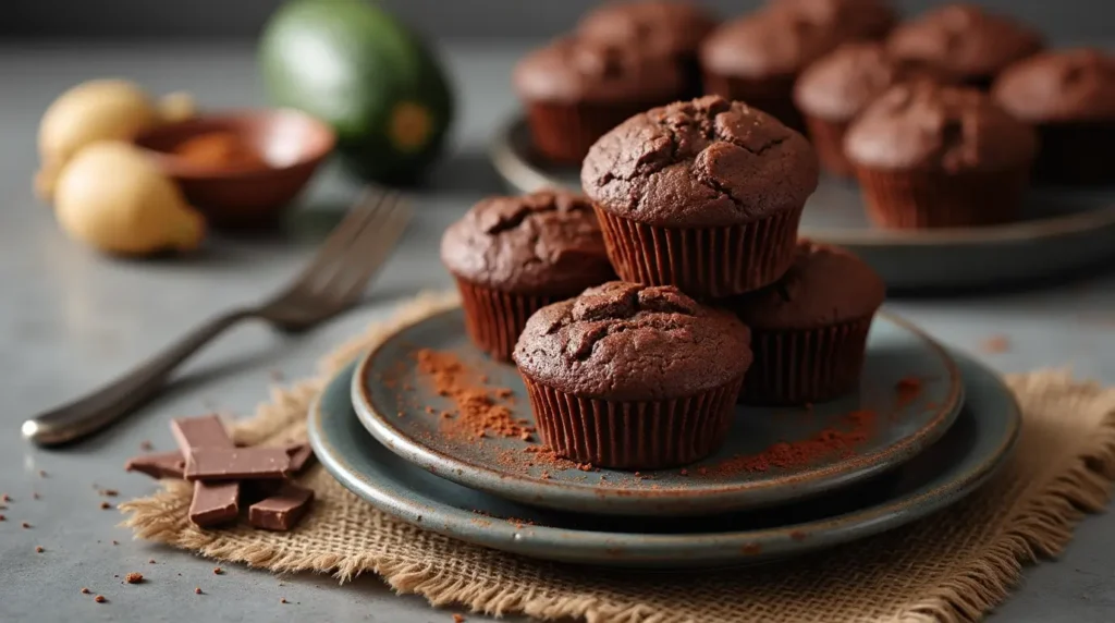 Ingredients for chocolate zucchini muffins arranged on a countertop.