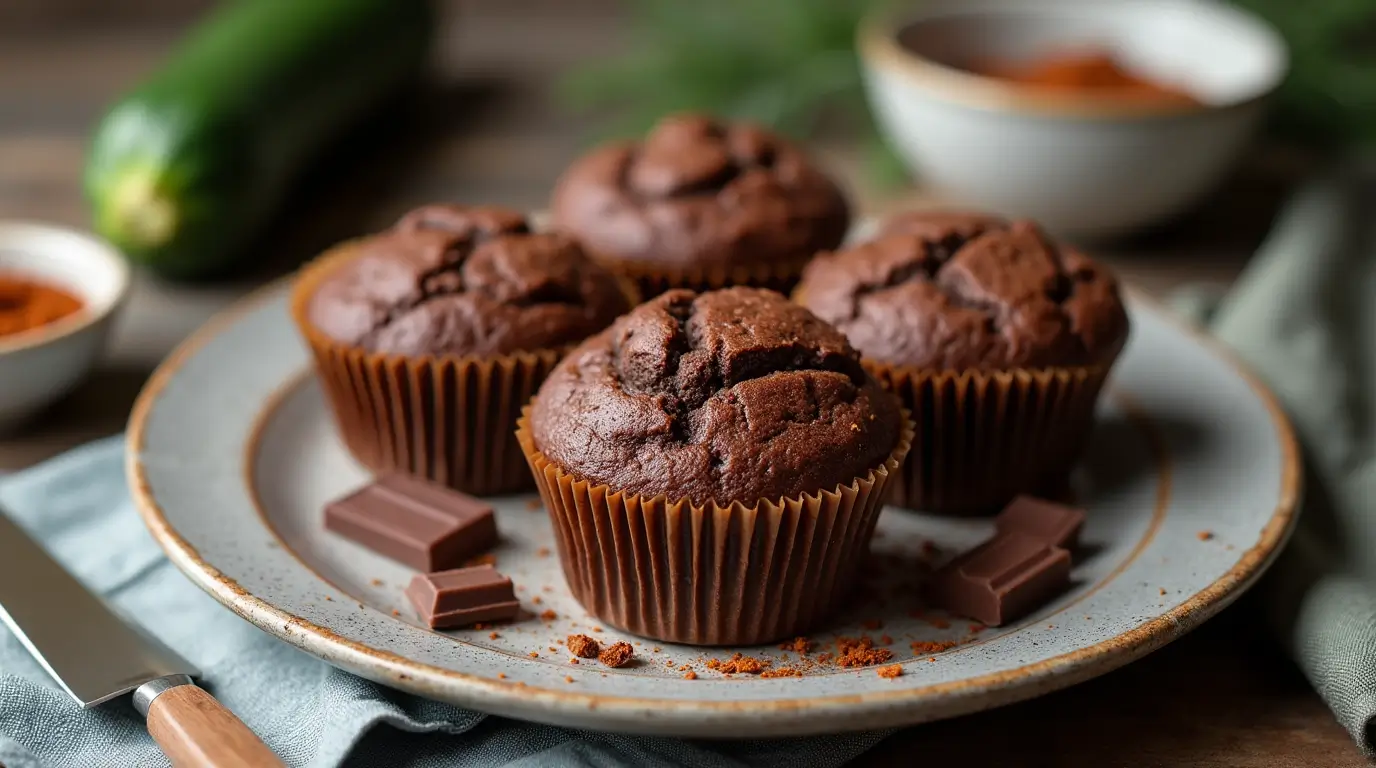 Freshly baked chocolate zucchini muffins on a cooling rack