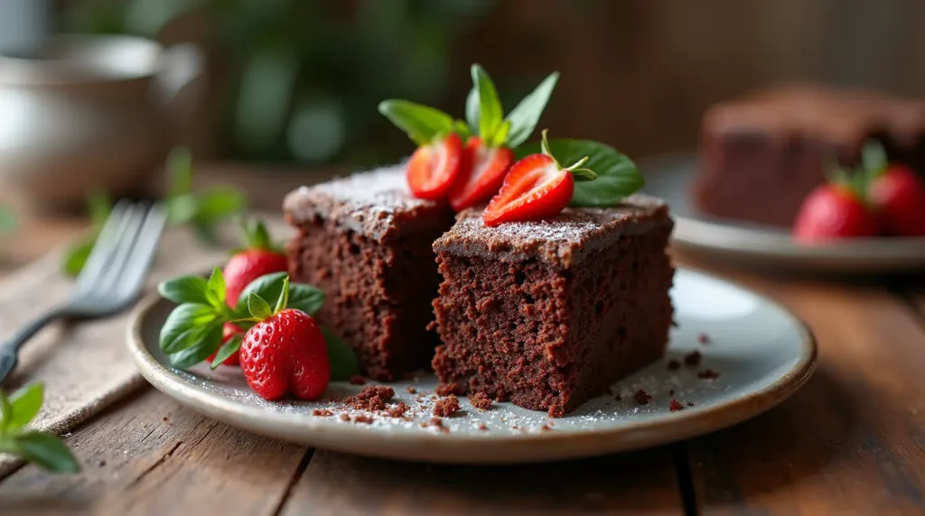 Moist cornbread chocolate cake topped with a glossy chocolate glaze, served on a rustic wooden table