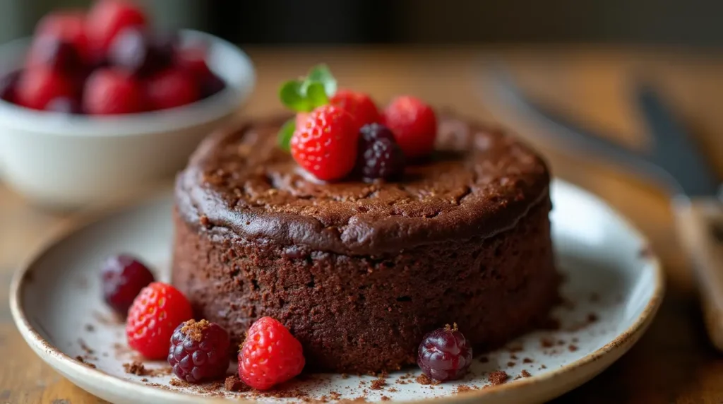 Moist cornbread chocolate cake topped with a glossy chocolate glaze, served on a rustic wooden table