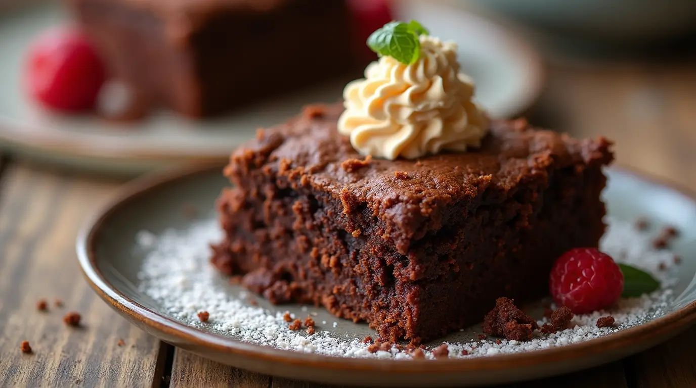 Moist cornbread chocolate cake topped with a glossy chocolate glaze, served on a rustic wooden table