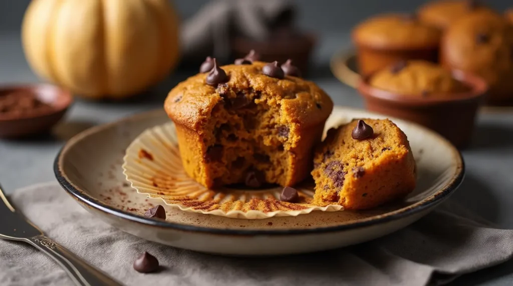 Freshly baked chocolate chip pumpkin muffins with tall domed tops and melty chocolate chips