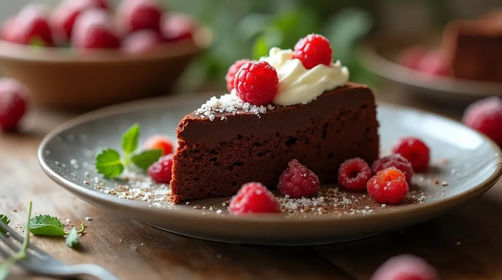 Assembling layers of Swiss Chocolate Chalet Cake with ganache